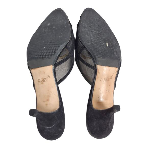 ALLURE Black Slip On Mules Size 7.5 Black Mesh and Suede Trim High Heels Formal - Picture 11 of 11